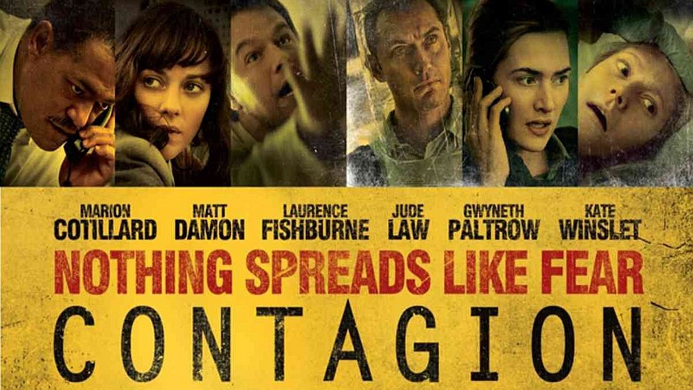 The promotional poster for "Contagion." The main characters appear in rectangles over a yellow background. The tagline reads: "Nothing spreads like fear."